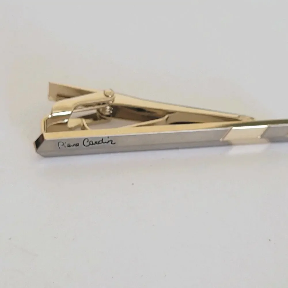 Pierre Cardin Gold Silver Tone Logo Cufflinks Tie Bar Clasp Vintage Geometric
